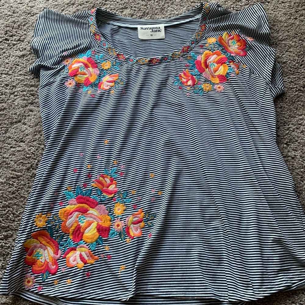Savanna Jane Striped Floral Embroidered Top